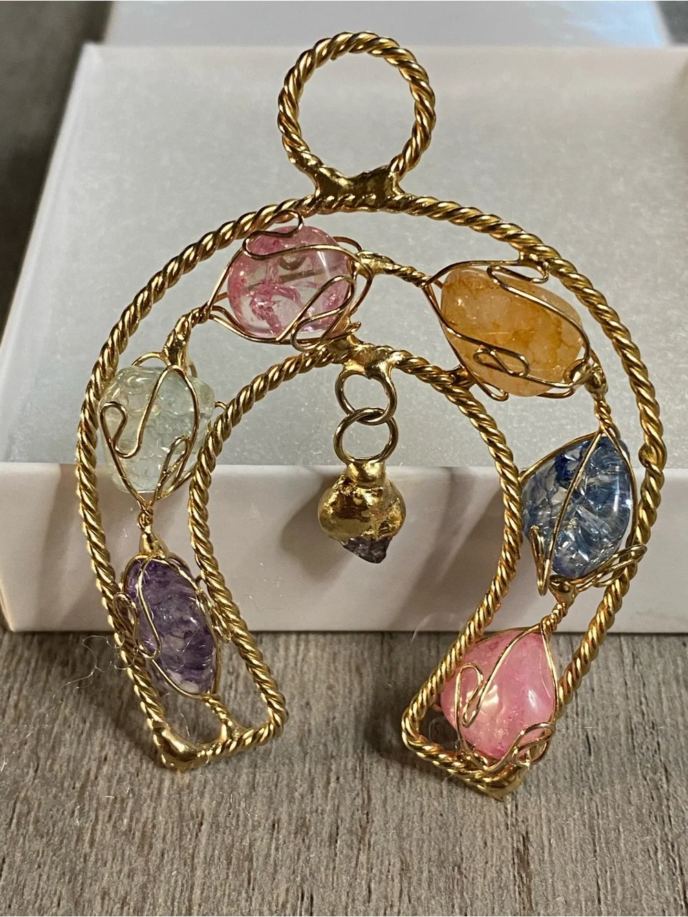 Gold-Tone Multi-Colored Wire-Wrapped Gemstone Pendant